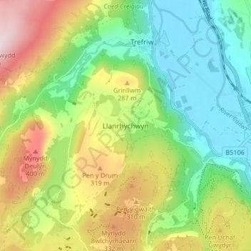 Llanrhychwynの地形図、標高、地勢