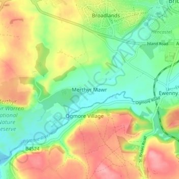 Merthyr Mawrの地形図、標高、地勢