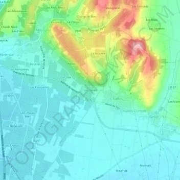 Les Devèsの地形図、標高、地勢