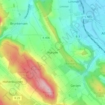 Warzenの地形図、標高、地勢