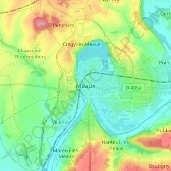 Meauxの地形図、標高、地勢