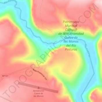 Cueva de los Manos Pintadasの地形図、標高、地勢