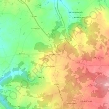 Chez Moutaudの地形図、標高、地勢