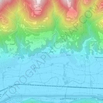 Bugoの地形図、標高、地勢