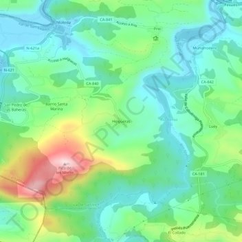 Helguerasの地形図、標高、地勢