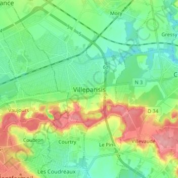 Villeparisisの地形図、標高、地勢