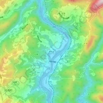 神子谷の地形図、標高、地勢