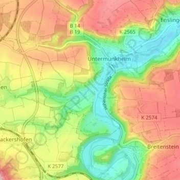 Obermünkheimの地形図、標高、地勢