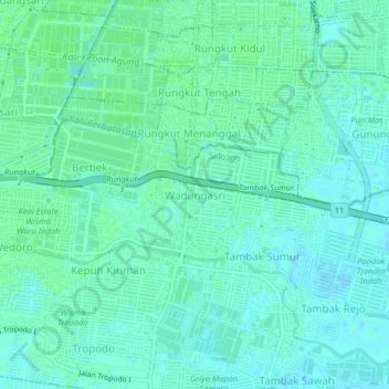 Wadungasriの地形図、標高、地勢