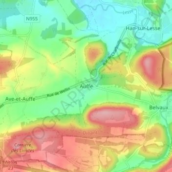 Auffeの地形図、標高、地勢