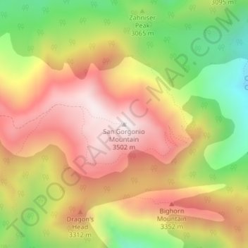 San Gorgonio Mountainの地形図、標高、地勢