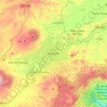 Moreliaの地形図、標高、地勢
