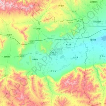 広霊県の地形図、標高、地勢