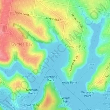 Gymea Bayの地形図、標高、地勢