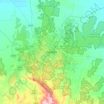 Bendigoの地形図、標高、地勢