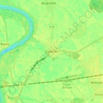 Zwethauの地形図、標高、地勢