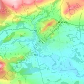 Crieffの地形図、標高、地勢