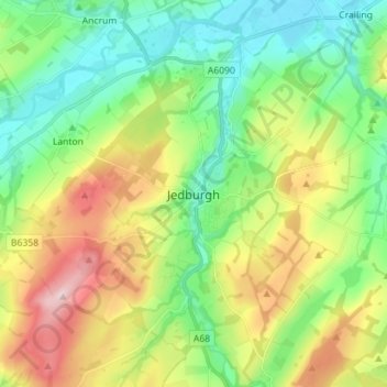 Jedburghの地形図、標高、地勢