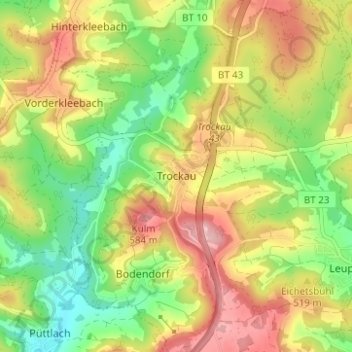 Trockauの地形図、標高、地勢