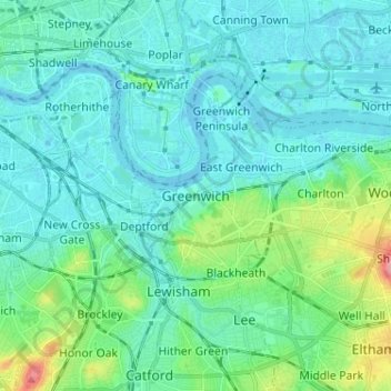 Greenwichの地形図、標高、地勢