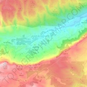 Benialíの地形図、標高、地勢