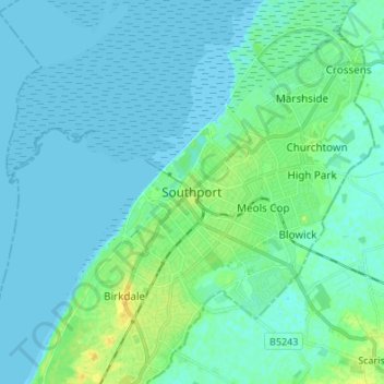 Southportの地形図、標高、地勢