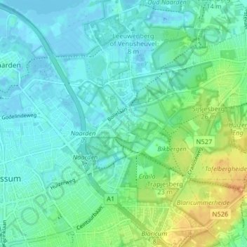 Bikbergenの地形図、標高、地勢