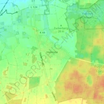Helmsteの地形図、標高、地勢