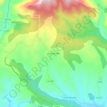 Villarín de Rielloの地形図、標高、地勢