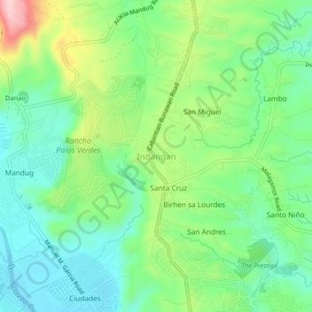 Indanganの地形図、標高、地勢