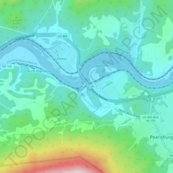 Bluff Cityの地形図、標高、地勢