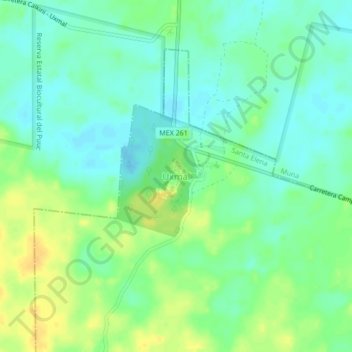 Uxmalの地形図、標高、地勢