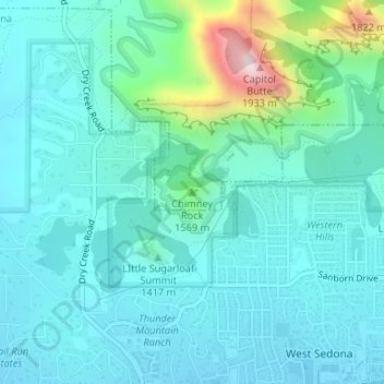 Chimney Rockの地形図、標高、地勢