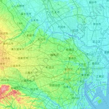 練馬区の地形図、標高、地勢