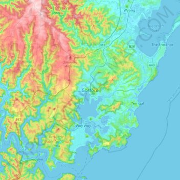 ゴスフォードの地形図、標高、地勢