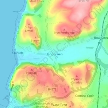 Llangorwenの地形図、標高、地勢