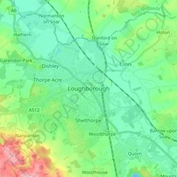 Loughboroughの地形図、標高、地勢