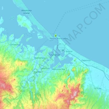 タウランガの地形図、標高、地勢