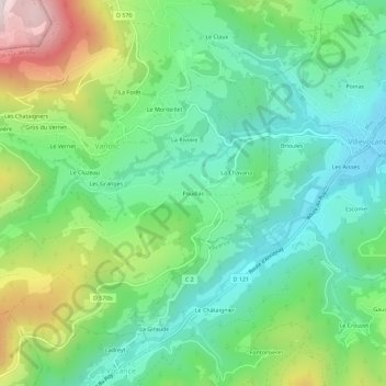 Pouillasの地形図、標高、地勢