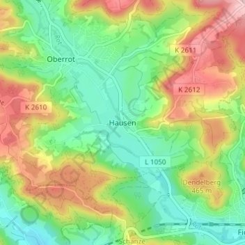 Hausenの地形図、標高、地勢