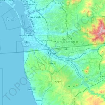 Tijuanaの地形図、標高、地勢