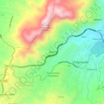 Analcoの地形図、標高、地勢