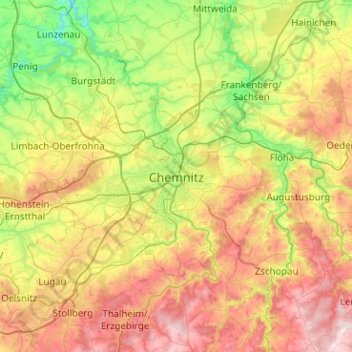Chemnitzの地形図、標高、地勢
