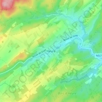Heureの地形図、標高、地勢