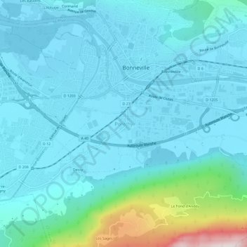 Pontchyの地形図、標高、地勢