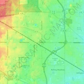 Palatineの地形図、標高、地勢