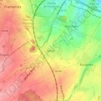 Genlyの地形図、標高、地勢