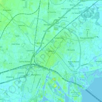 Mestreの地形図、標高、地勢