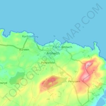 Amlwchの地形図、標高、地勢