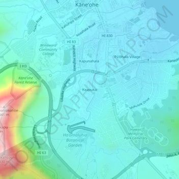 Keapukaの地形図、標高、地勢